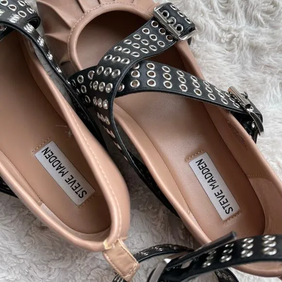 Steve Madden Bryar ballet flat grommet ankle strap shoes flats buckle pink black