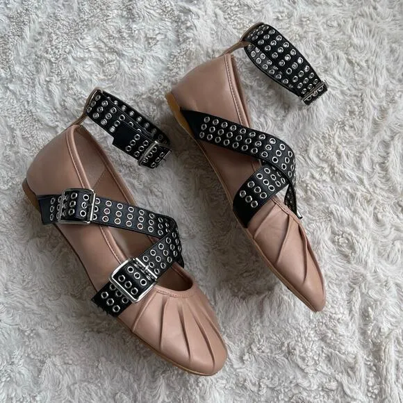 Steve Madden Bryar ballet flat grommet ankle strap shoes flats buckle pink black