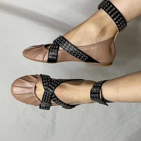 Steve Madden Bryar ballet flat grommet ankle strap shoes flats buckle pink black