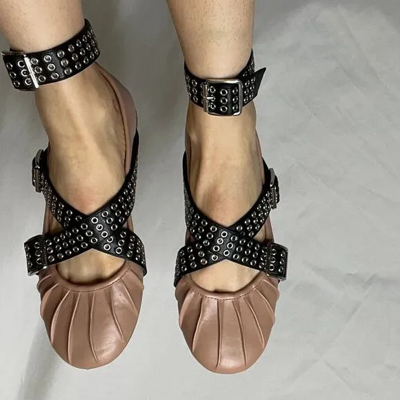 Steve Madden Bryar ballet flat grommet ankle strap shoes flats buckle pink black