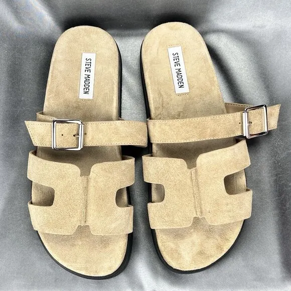 Steve Madden Mayven Sandals Women's 9.5 Taupe Suede Slides Buckles Beige Shoes