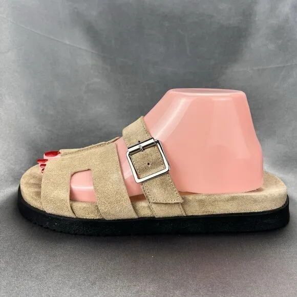 Steve Madden Mayven Sandals Women's 9.5 Taupe Suede Slides Buckles Beige Shoes
