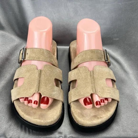 Steve Madden Mayven Sandals Women's 9.5 Taupe Suede Slides Buckles Beige Shoes