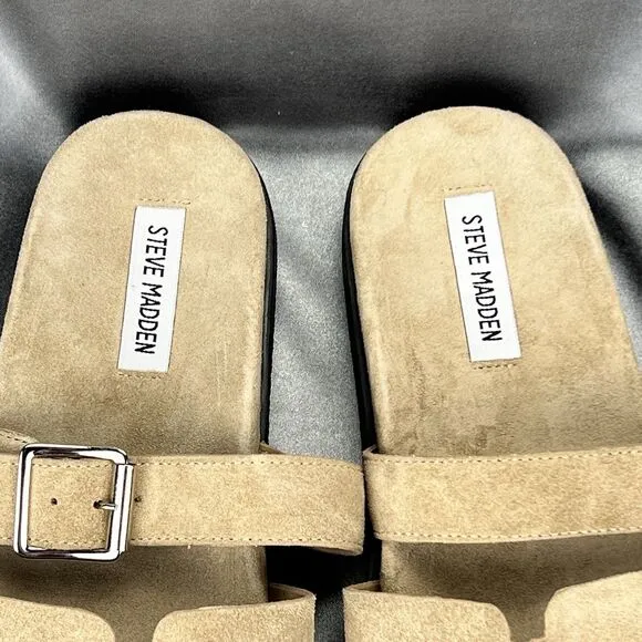 Steve Madden Mayven Sandals Women's 9.5 Taupe Suede Slides Buckles Beige Shoes