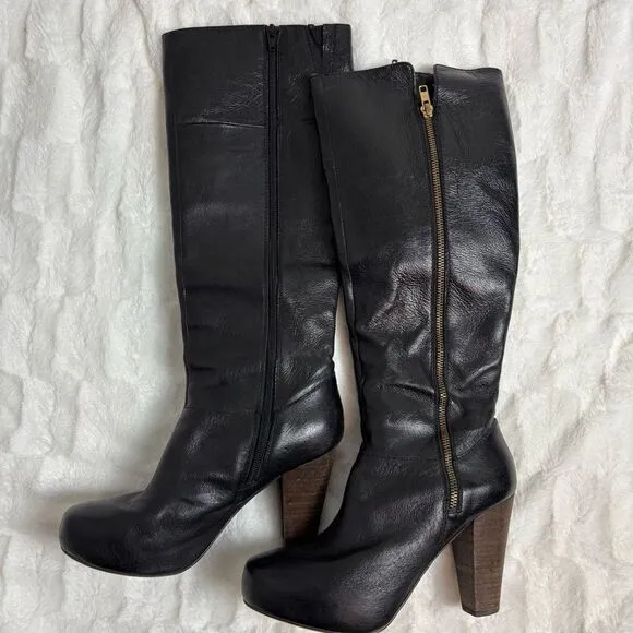 Steve Madden Rikki black leather knee high platform boots size 9