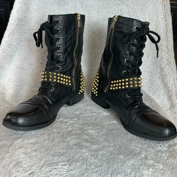 Steve Madden Ternn Black and Gold Combat Boots Leather Studded Moto Ankle Biker