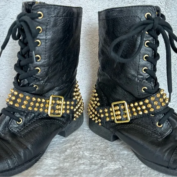 Steve Madden Ternn Black and Gold Combat Boots Leather Studded Moto Ankle Biker