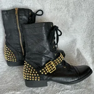 Steve Madden Ternn Black and Gold Combat Boots Leather Studded Moto Ankle Biker