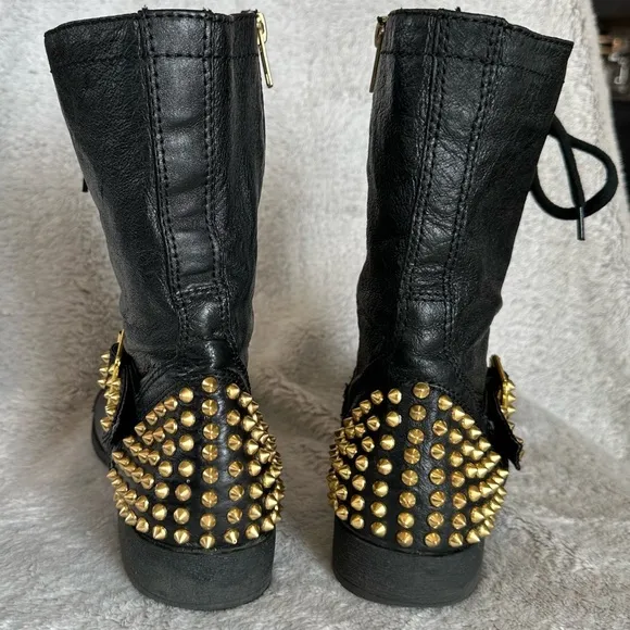 Steve Madden Ternn Black and Gold Combat Boots Leather Studded Moto Ankle Biker