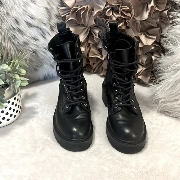 Steve Madden Tornado Black Leather Lace Up Combat Moto Combat Motorcycle Boots