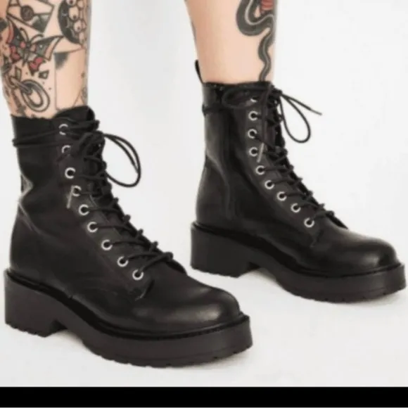 Steve Madden Tornado Black Leather Lace Up Combat Moto Combat Motorcycle Boots
