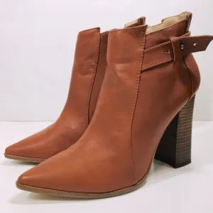 Steven Steve Madden Klick Cognac Leather Pointed Toe Block High Heel Ankle Boots