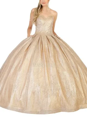 Strapless champagne glitter lace up back ball gown