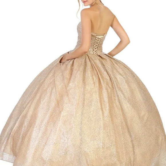 Strapless champagne glitter lace up back ball gown