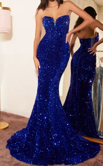 Strapless sequins mermaid open lace up dress, black, red, royal, emerald, purple