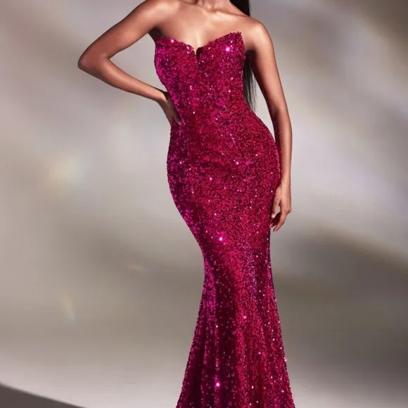 Strapless sequins mermaid open lace up dress, black, red, royal, emerald, purple
