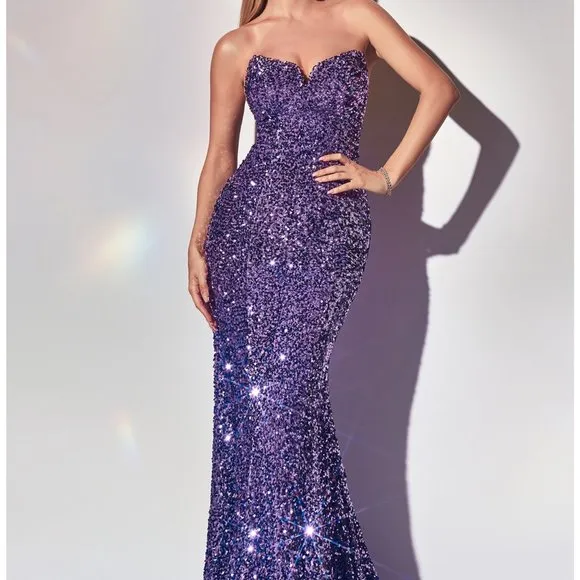 Strapless sequins mermaid open lace up dress, black, red, royal, emerald, purple