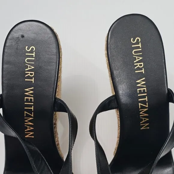 Stuart Weitzman 5050 Wedge Platform Sandal Espadrille Black Leather Size 11