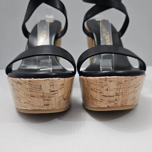 Stuart Weitzman 5050 Wedge Platform Sandal Espadrille Black Leather Size 11