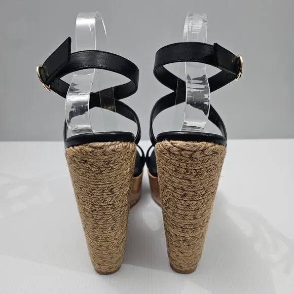 Stuart Weitzman 5050 Wedge Platform Sandal Espadrille Black Leather Size 11