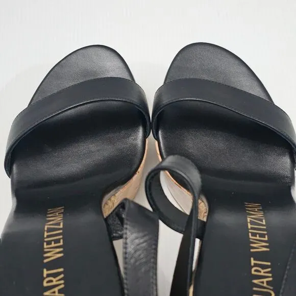 Stuart Weitzman 5050 Wedge Platform Sandal Espadrille Black Leather Size 11