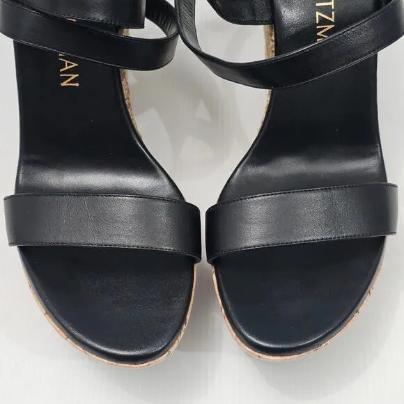 Stuart Weitzman 5050 Wedge Platform Sandal Espadrille Black Leather Size 11
