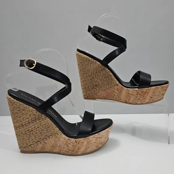 Stuart Weitzman 5050 Wedge Platform Sandal Espadrille Black Leather Size 11