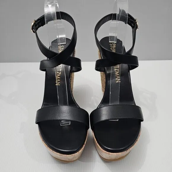 Stuart Weitzman 5050 Wedge Platform Sandal Espadrille Black Leather Size 11