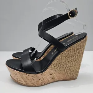 Stuart Weitzman 5050 Wedge Platform Sandal Espadrille Black Leather Size 11