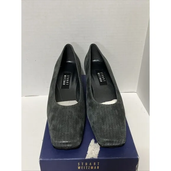 Stuart Weitzman Any day Gray Scottish Napa Block Heels Size 9.5M Pump Square Toe