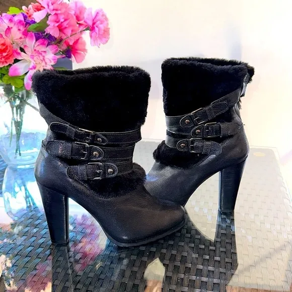 Stuart Weitzman Black Leather and Shearling Mid-Calf Moto Booties, size 7.5