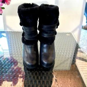 Stuart Weitzman Black Leather and Shearling Mid-Calf Moto Booties, size 7.5