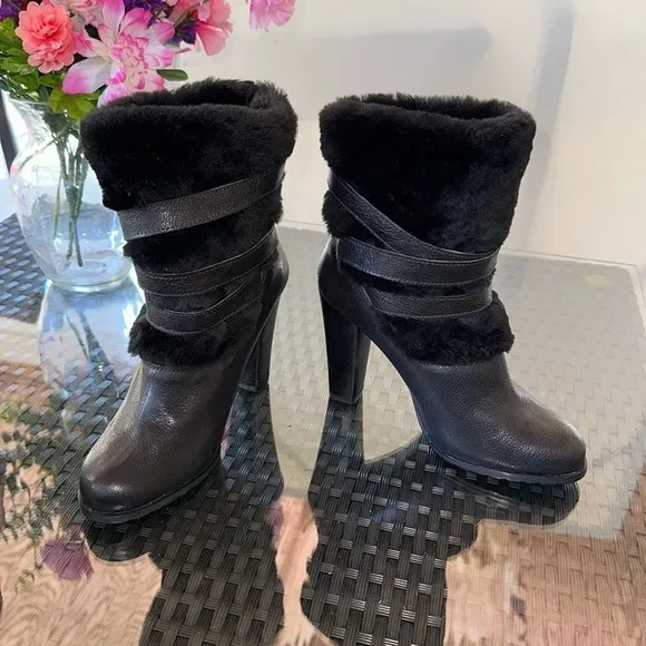 Stuart Weitzman Black Leather and Shearling Mid-Calf Moto Booties, size 7.5