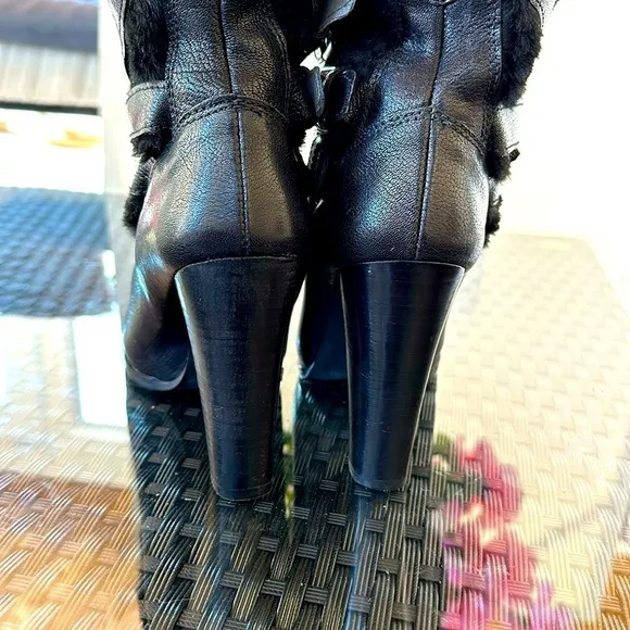 Stuart Weitzman Black Leather and Shearling Mid-Calf Moto Booties, size 7.5