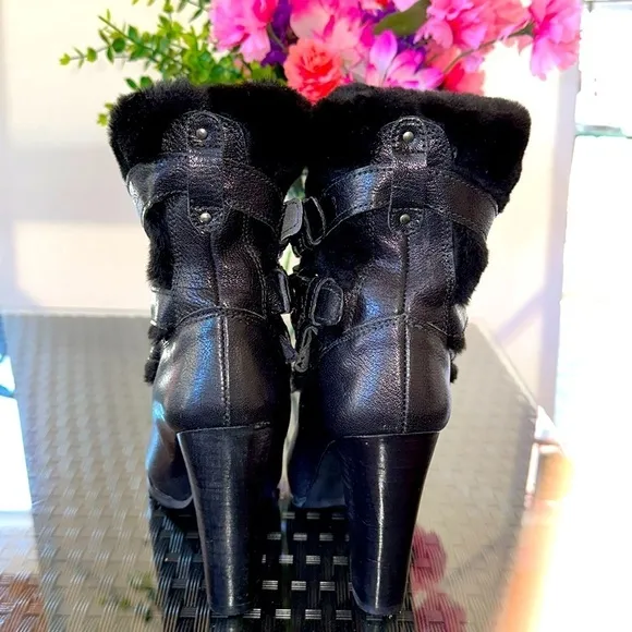 Stuart Weitzman Black Leather and Shearling Mid-Calf Moto Booties, size 7.5
