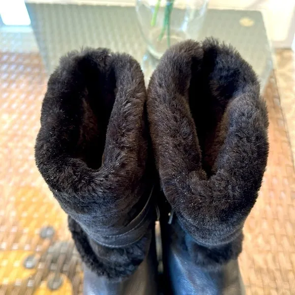 Stuart Weitzman Black Leather and Shearling Mid-Calf Moto Booties, size 7.5