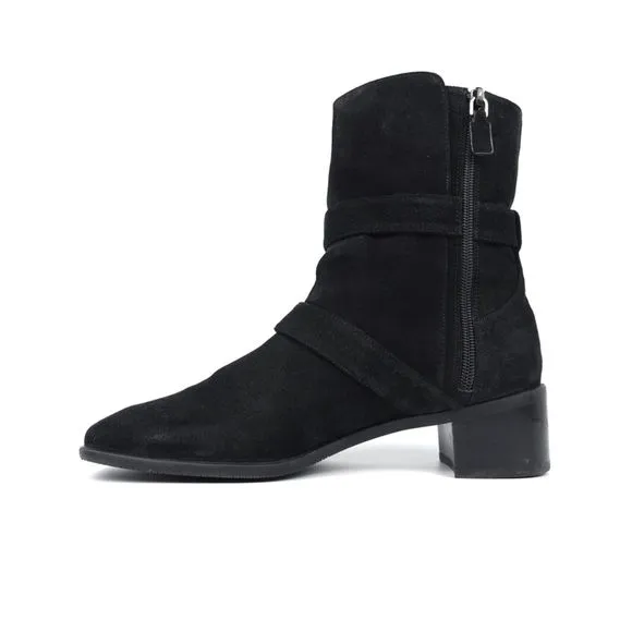 Stuart Weitzman Britain Black Suede Western Buckle Boots Horse Girl Block Heel 9