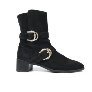 Stuart Weitzman Britain Black Suede Western Buckle Boots Horse Girl Block Heel 9