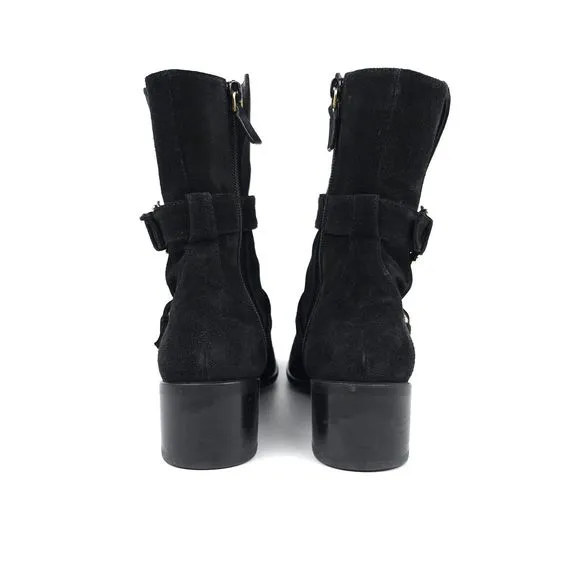 Stuart Weitzman Britain Black Suede Western Buckle Boots Horse Girl Block Heel 9