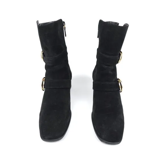 Stuart Weitzman Britain Black Suede Western Buckle Boots Horse Girl Block Heel 9