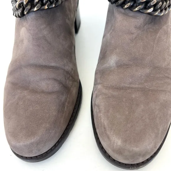 STUART WEITZMAN Citylink Taupe Suede Metal Link Chain Moto Biker Boots Sz 7.5 W