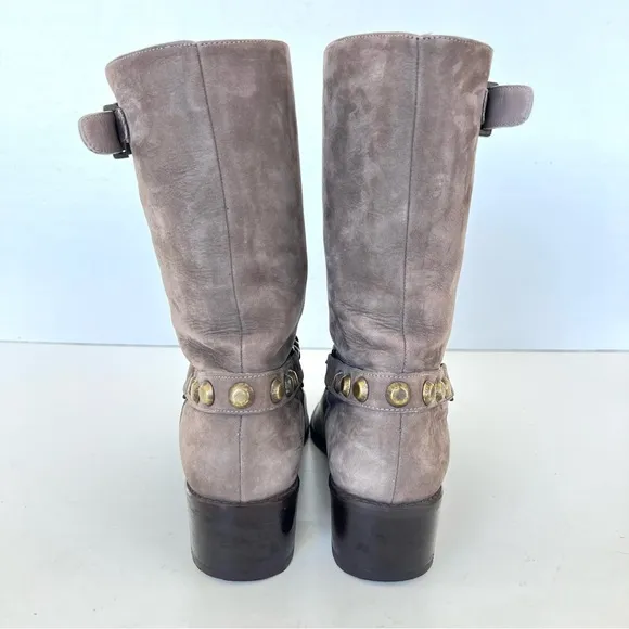 STUART WEITZMAN Citylink Taupe Suede Metal Link Chain Moto Biker Boots Sz 7.5 W