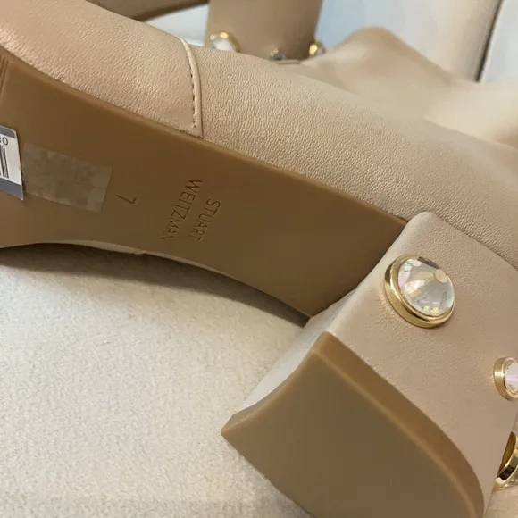Stuart Weitzman Cream Heeled Boots with Decorative Hardware