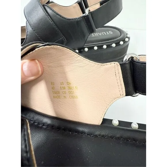 Stuart Weitzman Zoe Lift Black Leather Pearl Strappy Sandals Shoes Size 9.5