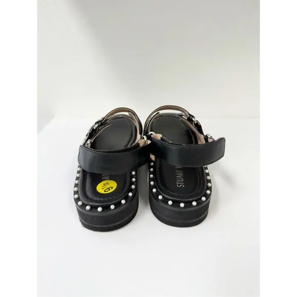 Stuart Weitzman Zoe Lift Black Leather Pearl Strappy Sandals Shoes Size 9.5