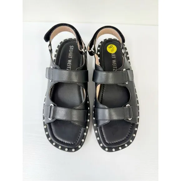 Stuart Weitzman Zoe Lift Black Leather Pearl Strappy Sandals Shoes Size 9.5