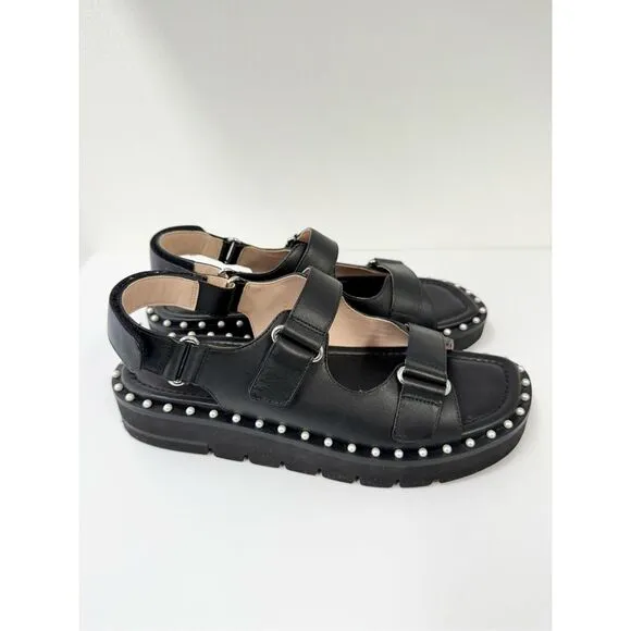 Stuart Weitzman Zoe Lift Black Leather Pearl Strappy Sandals Shoes Size 9.5