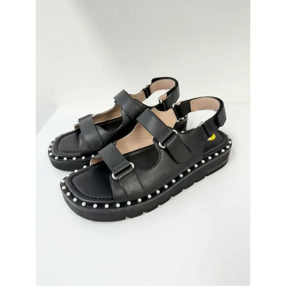 Stuart Weitzman Zoe Lift Black Leather Pearl Strappy Sandals Shoes Size 9.5