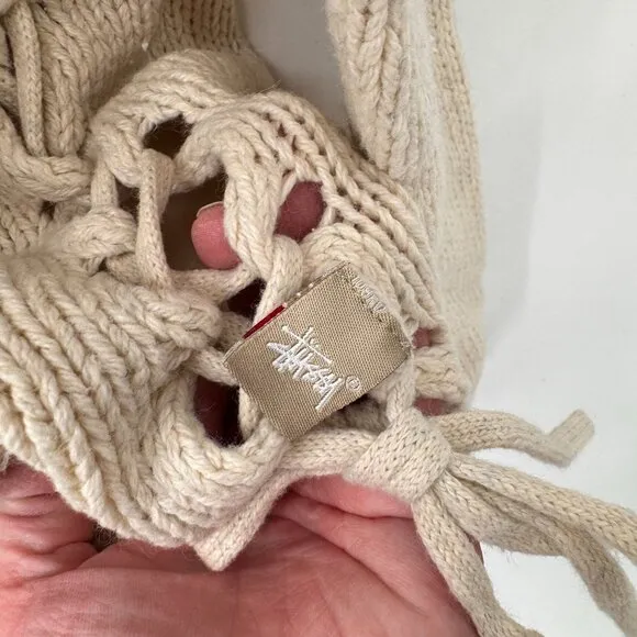 Stussy Knit Sweater Womens Medium Cream Cotton Wool Blend Pearl Detail Vintage