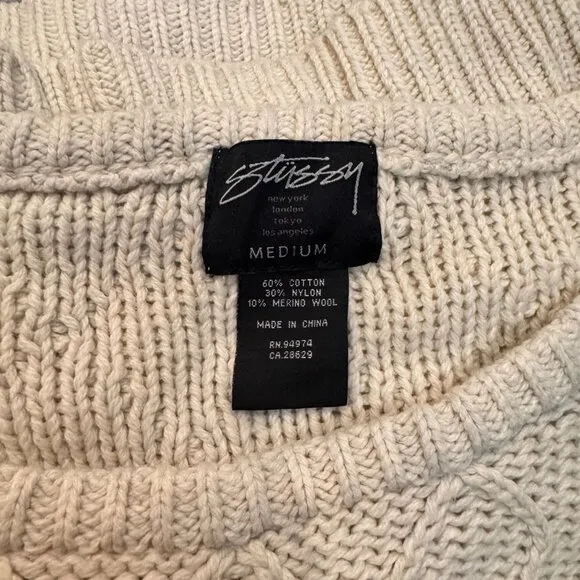 Stussy Knit Sweater Womens Medium Cream Cotton Wool Blend Pearl Detail Vintage